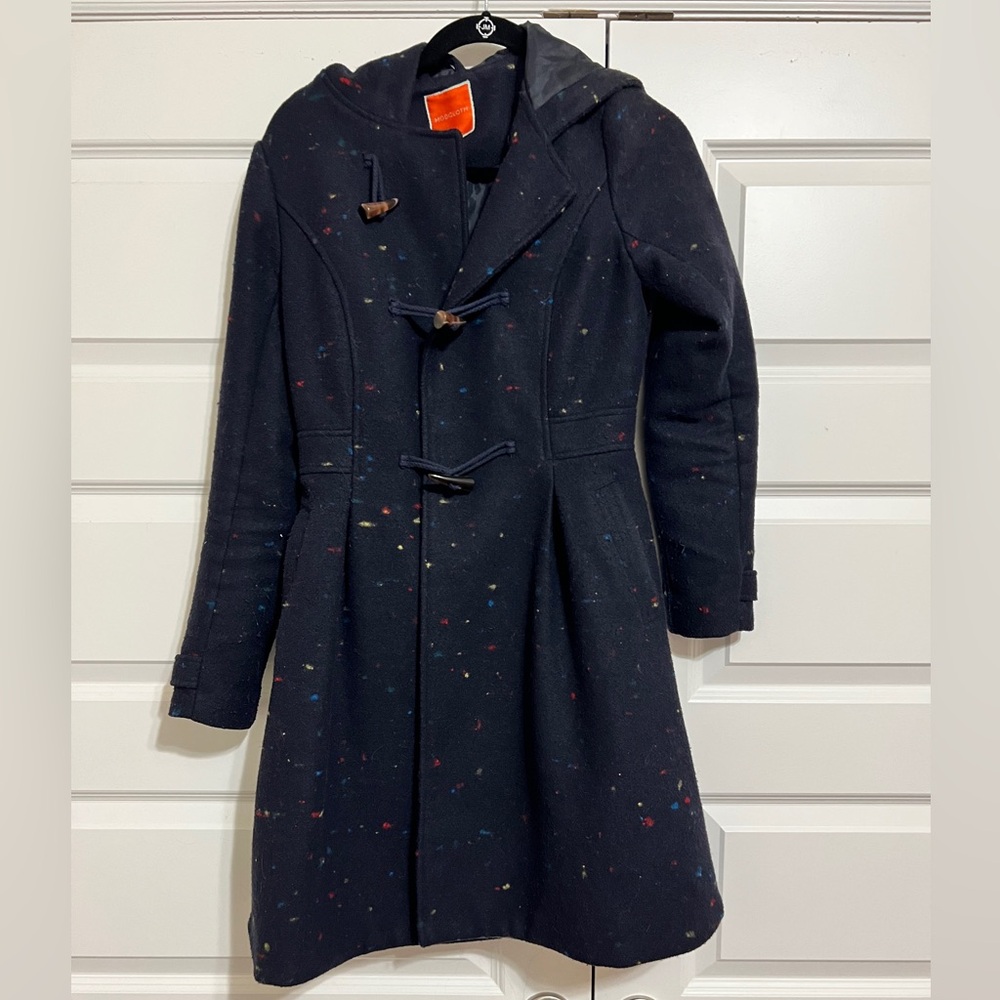 ModCloth Navy Polka Dot Fit And Flare Hood Coat Toggle Buttons XS